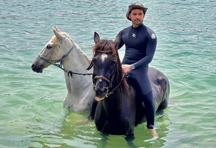 Morning horseback ride and swim in the ocean near Taghazout, Morocco