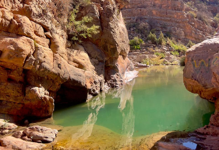 Hiking through the hidden Paradise Valley near Agadir, surrounded by palm trees, rock pools, and mountains